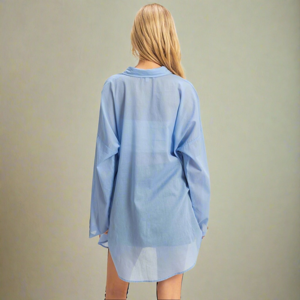 BRAND NEW- Cotton Voile Button Down Tunic Shirt - Light Blue - Picture 3 of 6